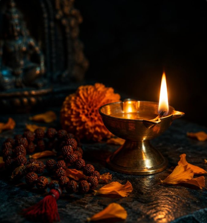 A brass lamp, rudraksha beads and marigold petals